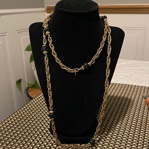Gold Tone Long Chain Necklace with Black Bead Accents
